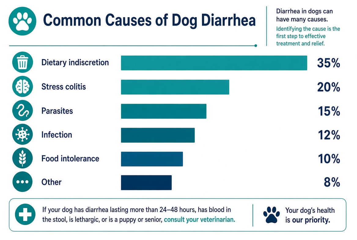 Infographic of common causes of dog diarrhea including diet stress parasites and infection