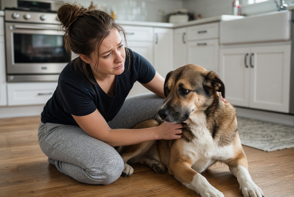 Concerned US dog owner watching a dog with diarrhea symptoms at home — dog diarrhea guide