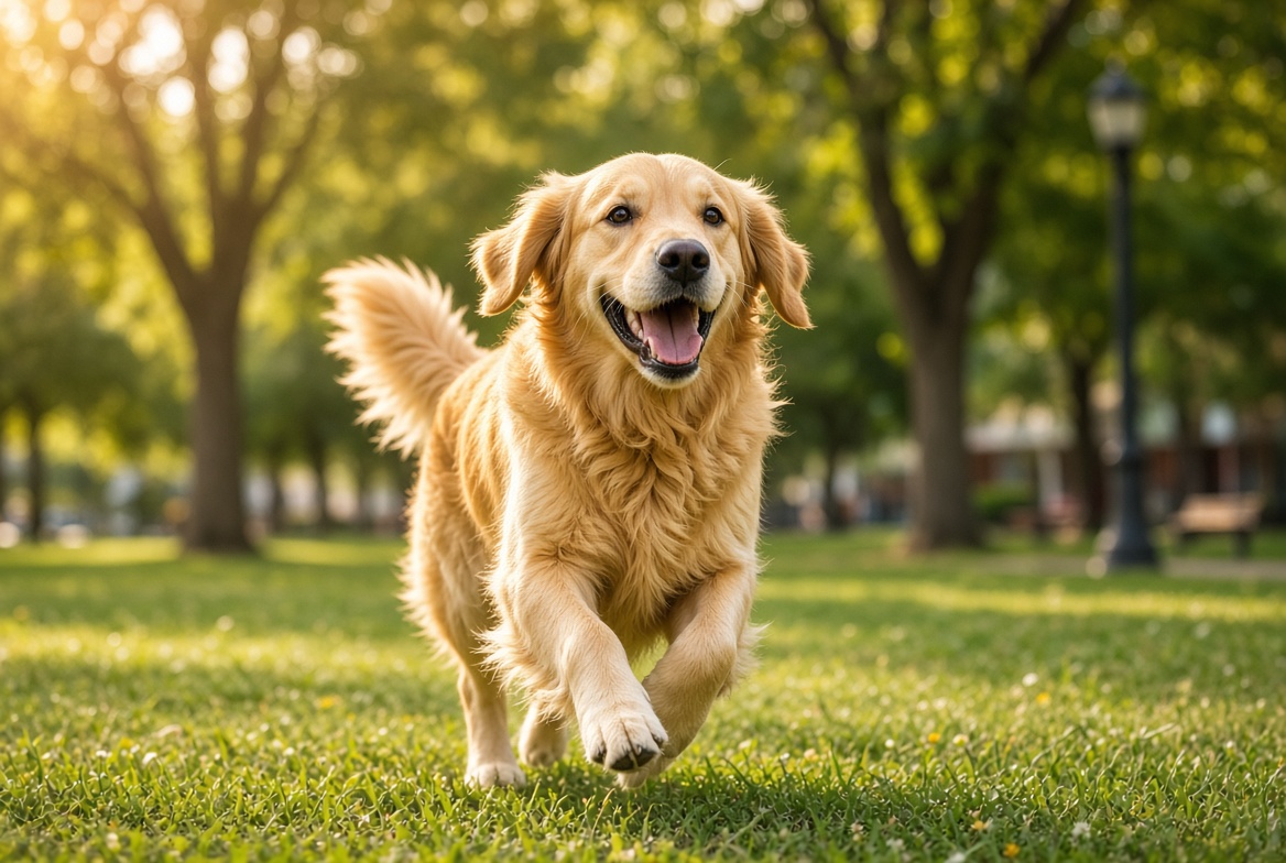 Healthy active dog running outdoors showing good mobility after proper care