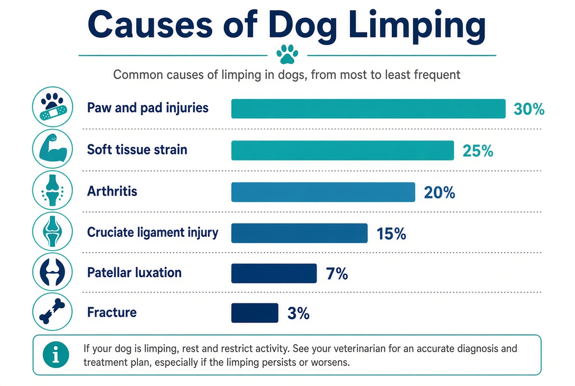 Infographic chart of common causes of dog limping by volume of owner concern including paw injuries arthritis and ligament tears