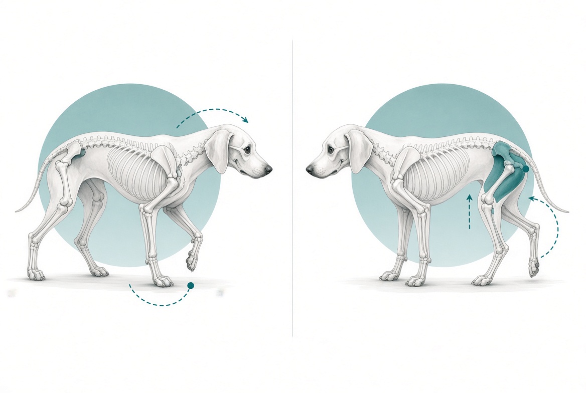 Comparison illustration of dog limping front leg versus back leg gait differences