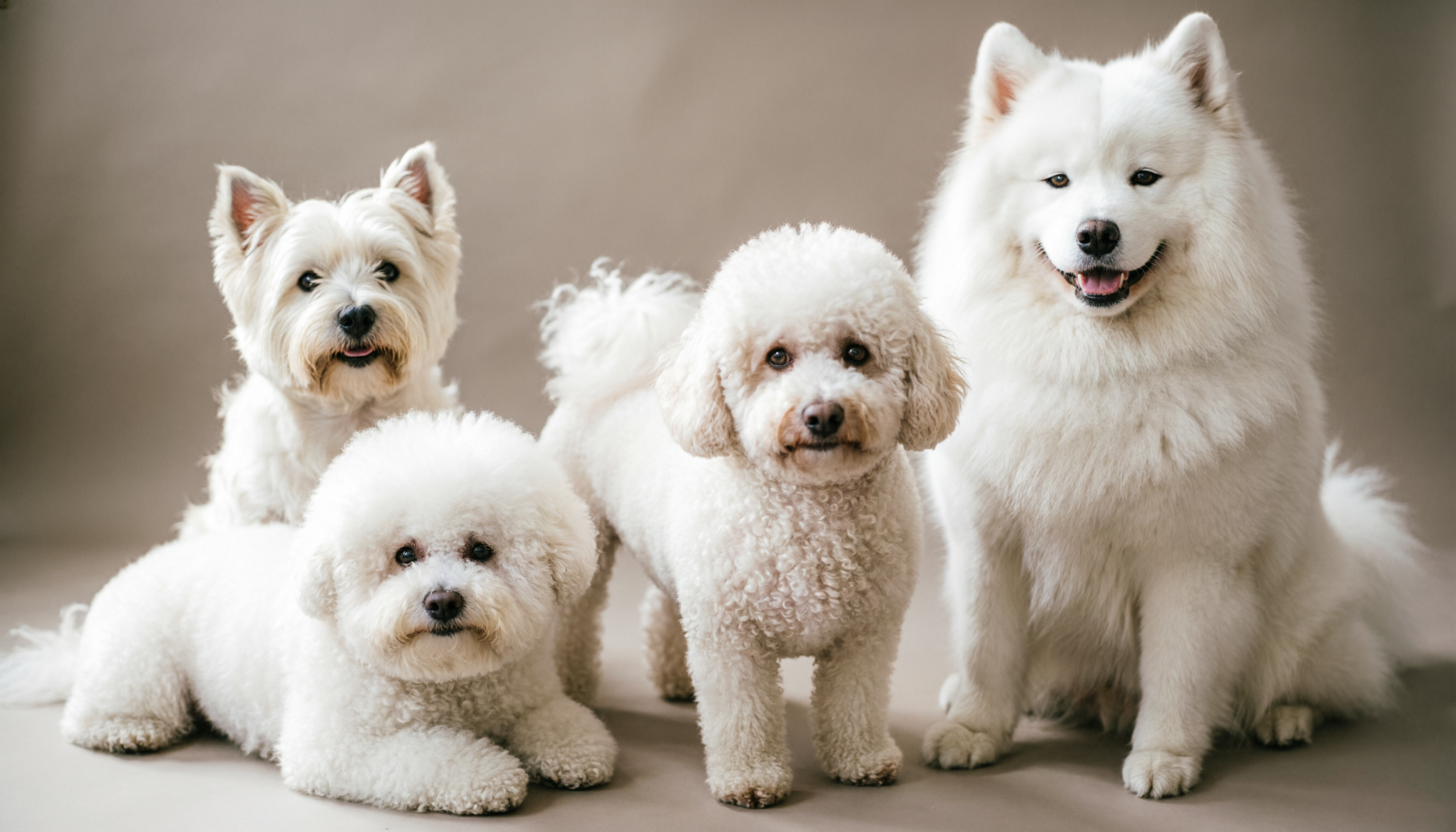 White fluffy dog breeds collage — small medium and large fluffy white dogs